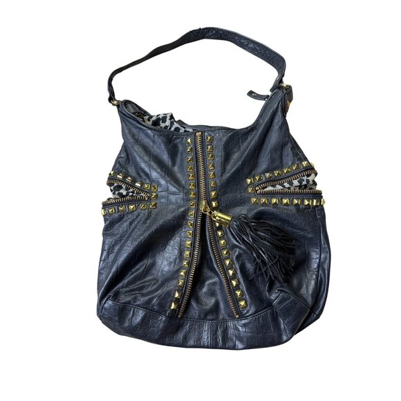 Betsey Johnson Studded Leather Hobo Bag Tassel Accent & Leopard Print Lining - Picture 1 of 9